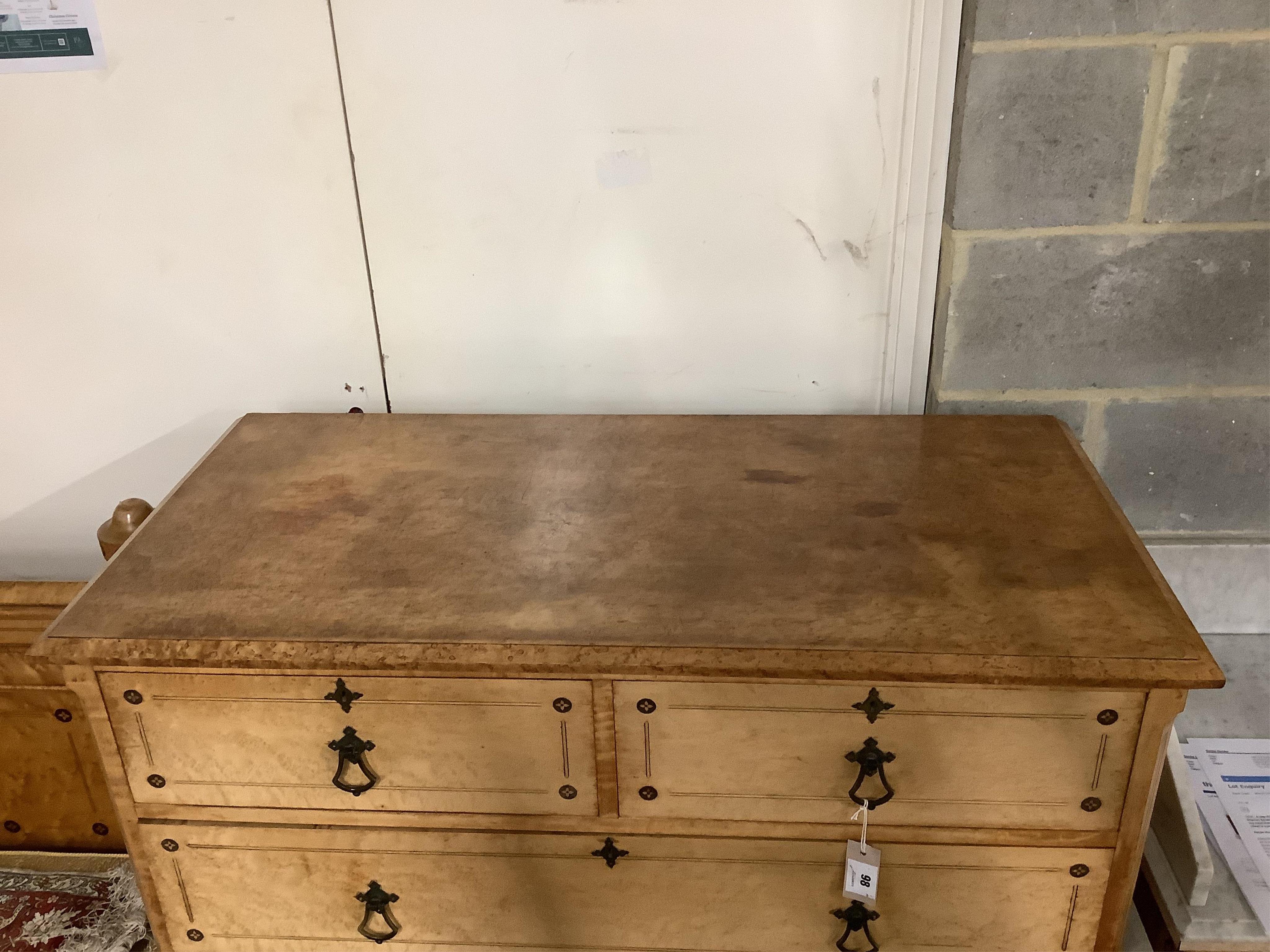 A late Victorian Gothic revival ebony inlaid, bird's eye maple bedroom suite, manner of Charles Bevan, comprising 5ft bed frame, kneehole dressing table, chest of drawers, marble top washstand, bedside cabinet, commode a